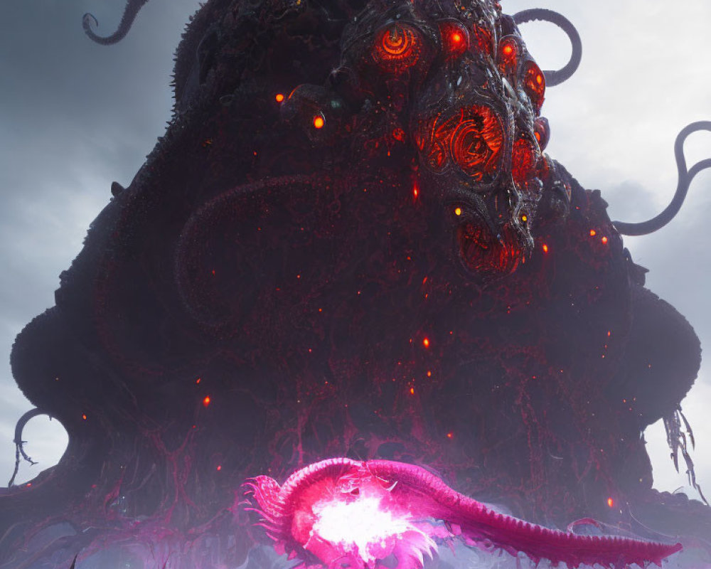 Gigantic creature with glowing red eyes and pink energy beam in dark landscape