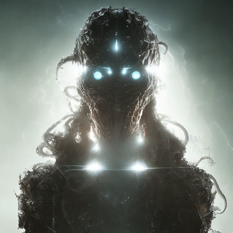 Glowing-eyed figure surrounded by electric currents in misty setting