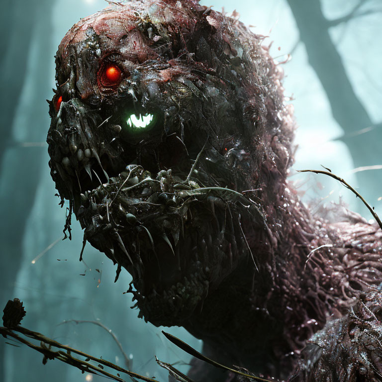 Monstrous creature with vine-covered body and glowing eyes in forest setting