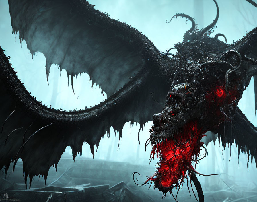 Menacing dragon with red eyes and glowing mouth in foggy scene.