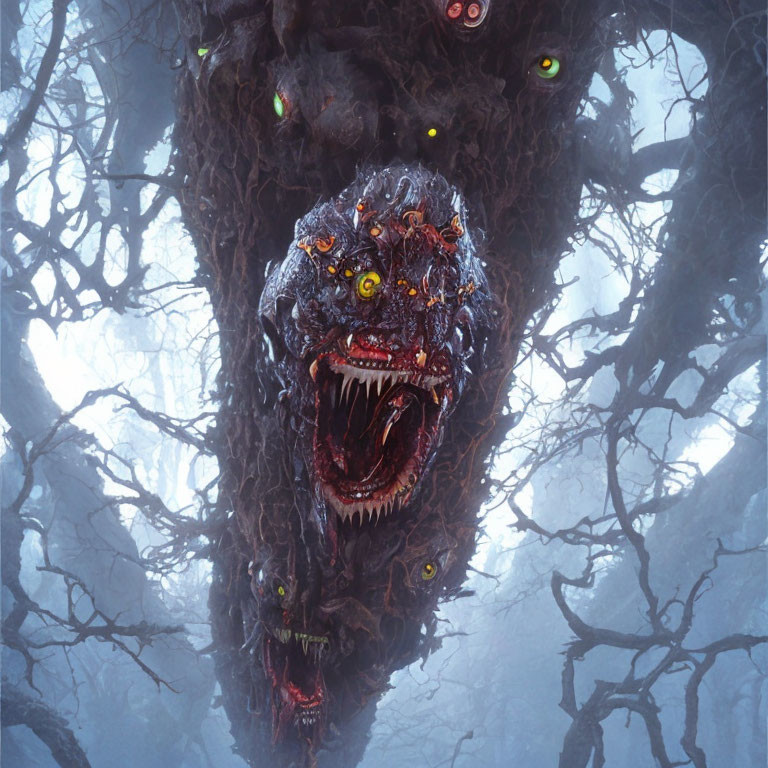 Monstrous tree with sinister faces, glowing eyes, and sharp teeth in eerie forest