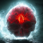 Surreal glowing red skull with illuminated brain in eerie forest scene