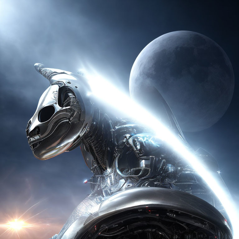 Robotic unicorn figure with visor against moon and sunrise/sunset