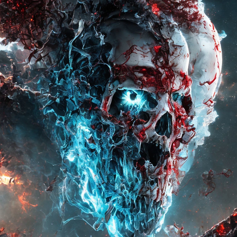 Skull digital artwork with blue and red mystical energy and floating debris