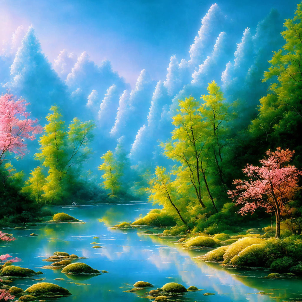 Tranquil river with pink blossoming trees and moss-covered stones