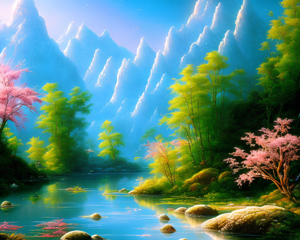 Colorful Foliage and Crystalline River in Serene Landscape