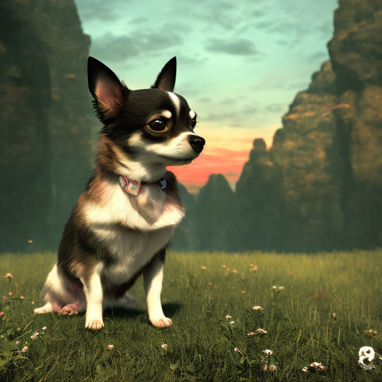 Chihuahua dog with pink collar in grassy field with mountains and sunset.