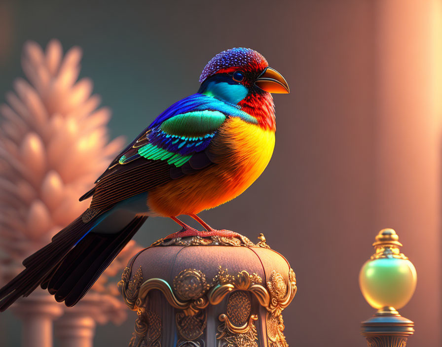 Colorful Bird with Red Beak on Ornate Stand in Classical Setting