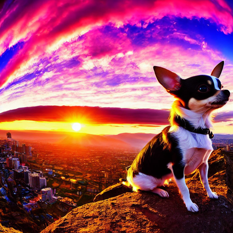 Chihuahua on Rock Overlooking Cityscape at Sunset