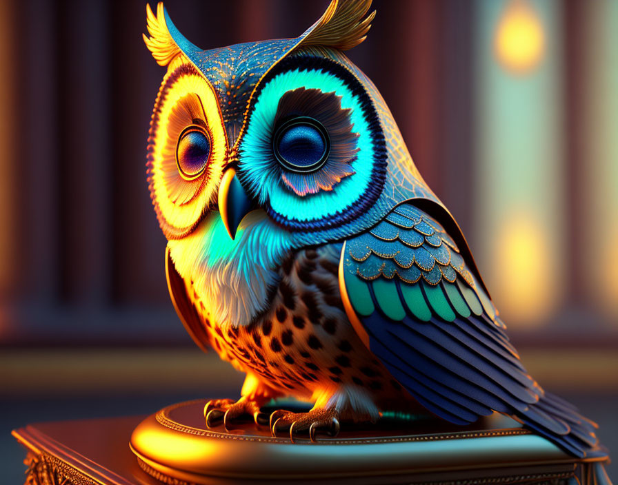 Colorful digitally-rendered owl with large eyes perched on ornate stand