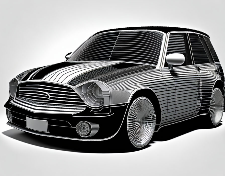 Monochrome wireframe art of classic Mini Cooper