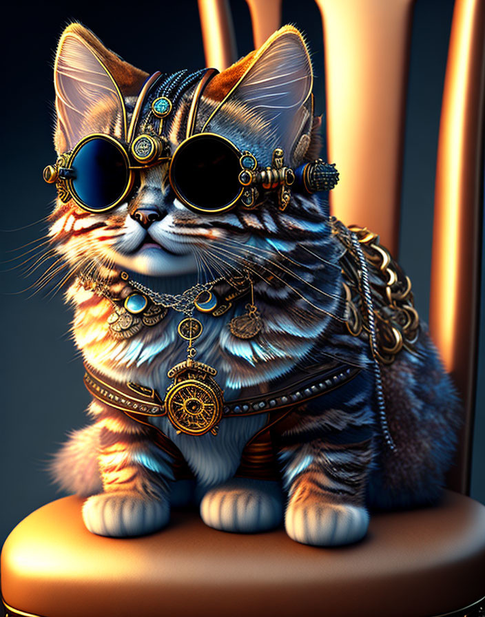 Stylish cat in steampunk goggles with gold jewelry on stool