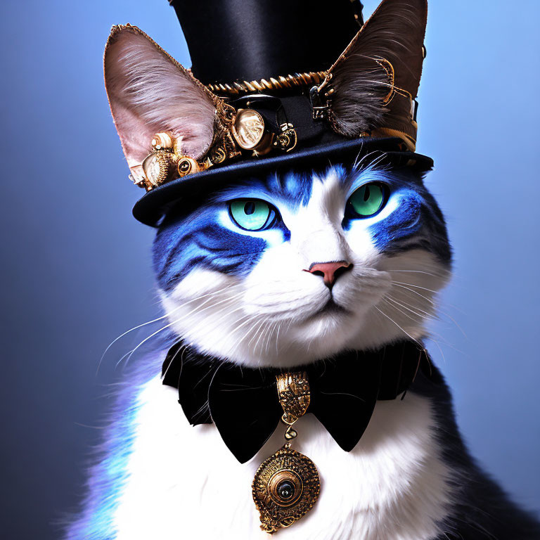 Blue-eyed cat in elegant attire against blue backdrop