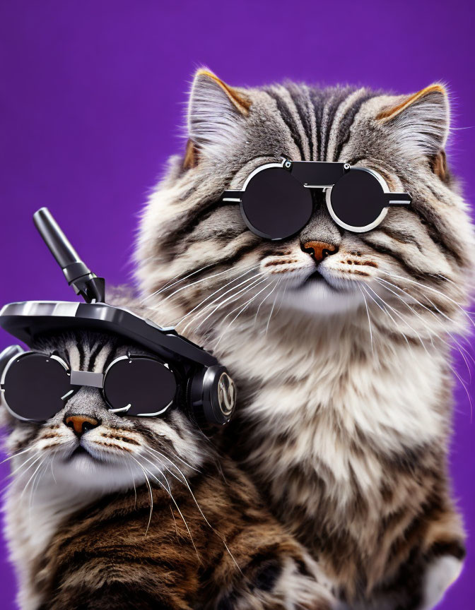 Pair of Tabby Cats in Sunglasses on Purple Background