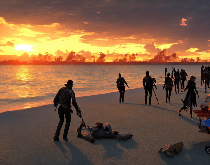 Armed individuals in combat attire on beach at sunset