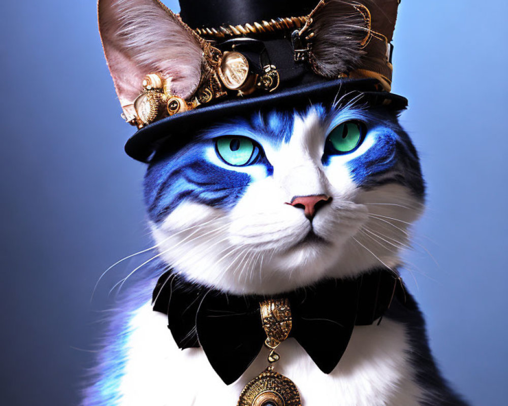 Blue-eyed cat in elegant attire against blue backdrop