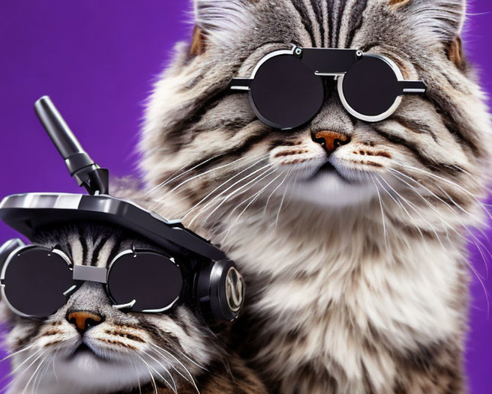 Pair of Tabby Cats in Sunglasses on Purple Background