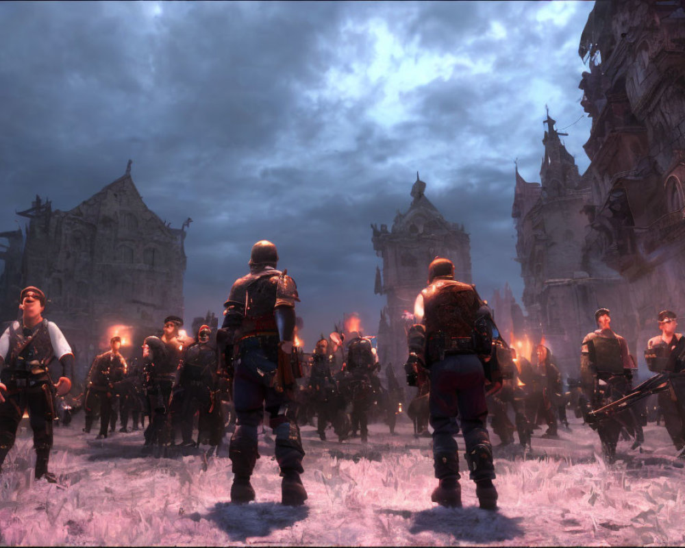 Armored warriors with swords in snowy gothic cityscape at twilight