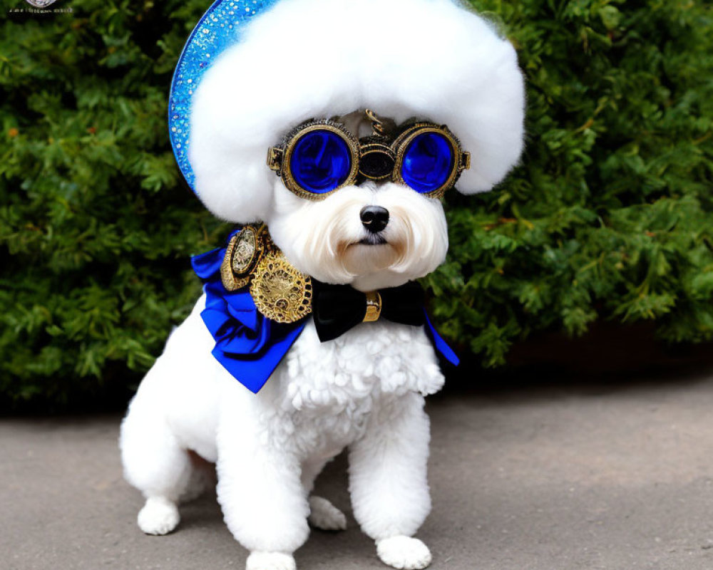 White poodle in steampunk goggles and blue hat with bow tie in front of green hedge