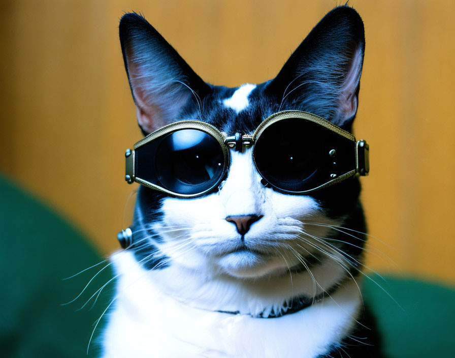 Black and White Cat with Steampunk Goggles on Yellow Background