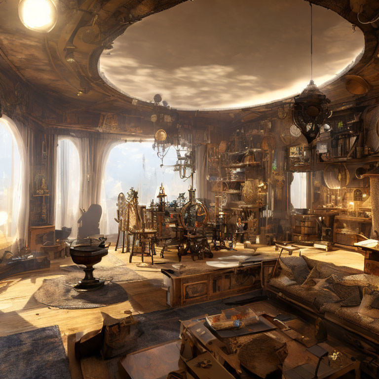 Steampunk-themed study with vintage furniture and brass instruments