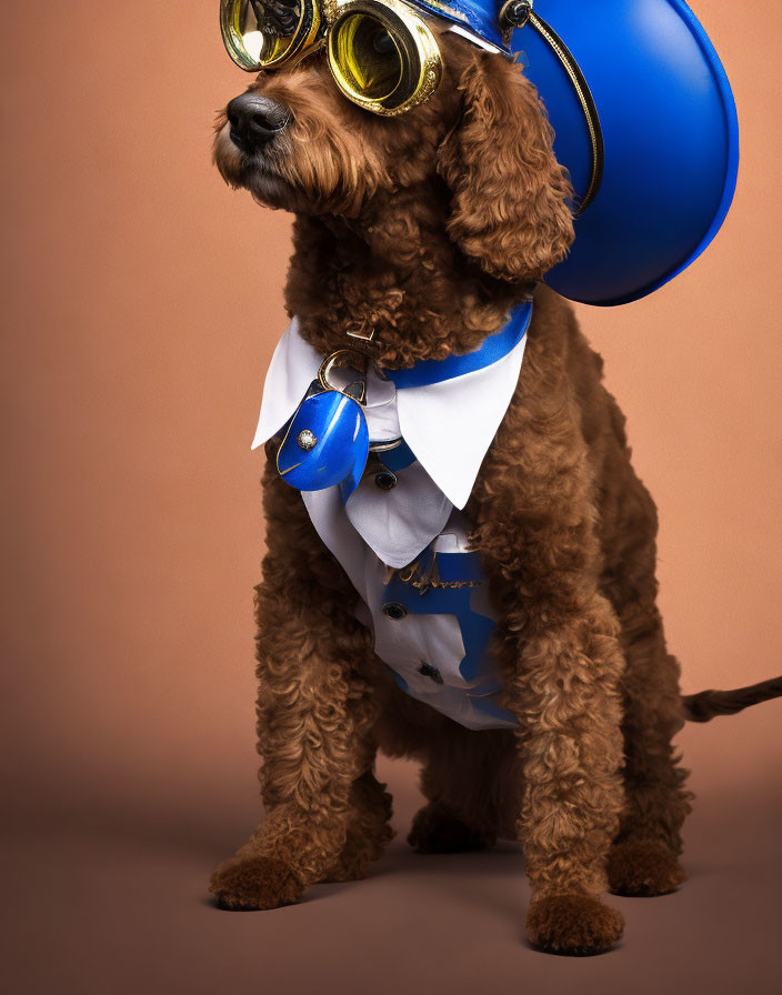 Brown Dog in Pilot Costume with Goggles and Helmet on Orange Background