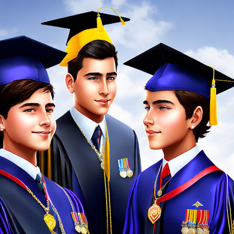 Three male graduates in caps and robes with honors under blue sky