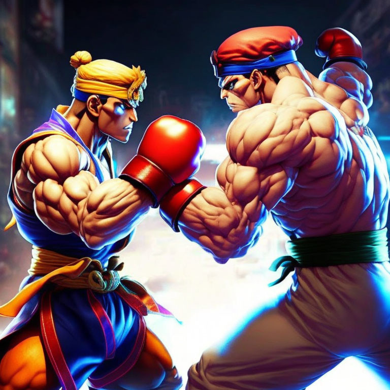 Animated fighters in combat stance with dramatic lighting