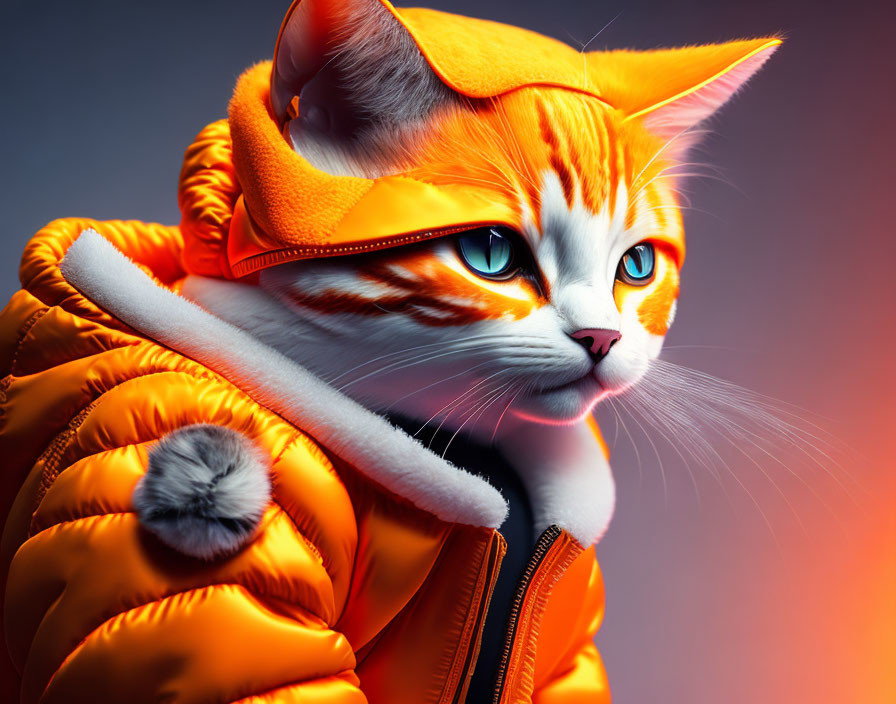 Orange and White Cat in Orange Hoodie and Puffer Jacket on Gradient Background