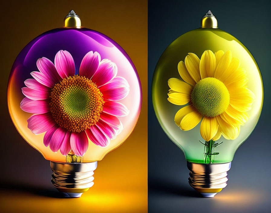 Vibrant Pink and Yellow Flower Light Bulbs on Dual-Toned Background