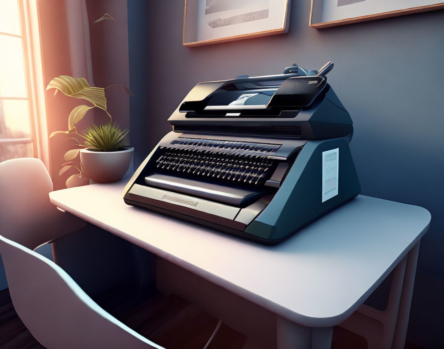 Vintage Typewriter on Desk with Sunlight and Plant