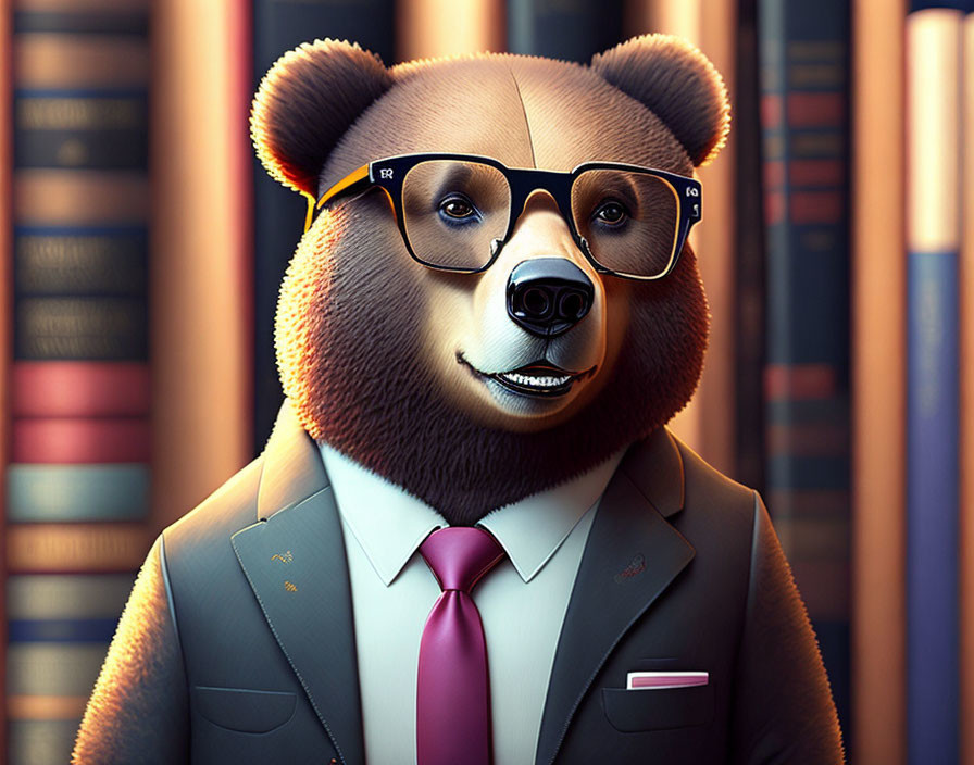 Anthropomorphic bear in suit and tie with round glasses in library