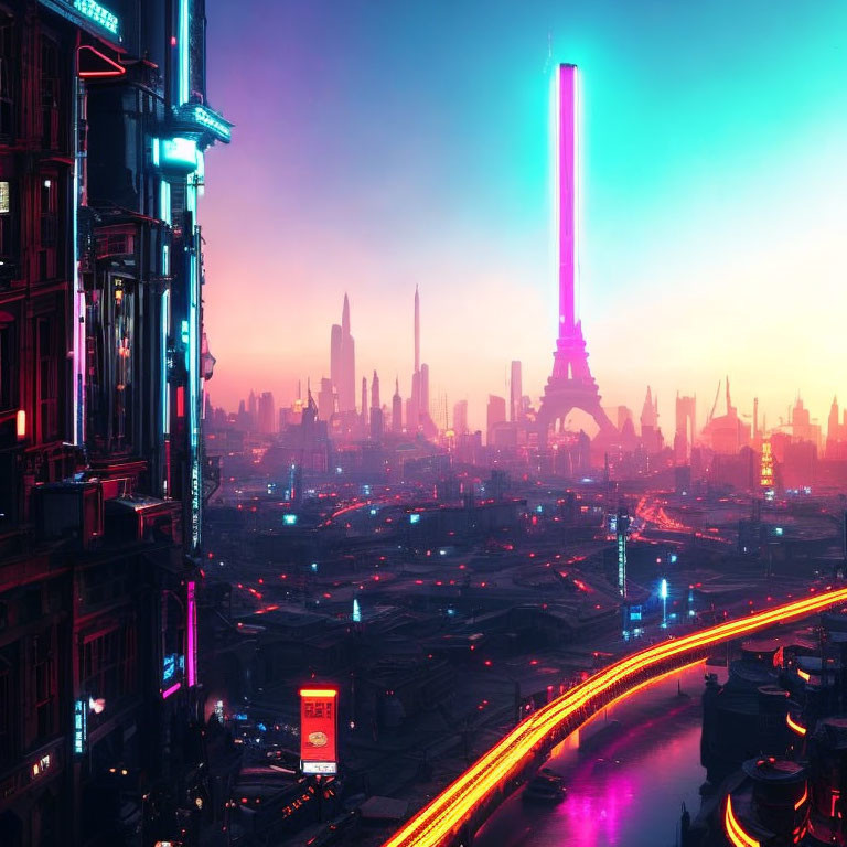 Futuristic cityscape at dusk with neon lights and skyscrapers