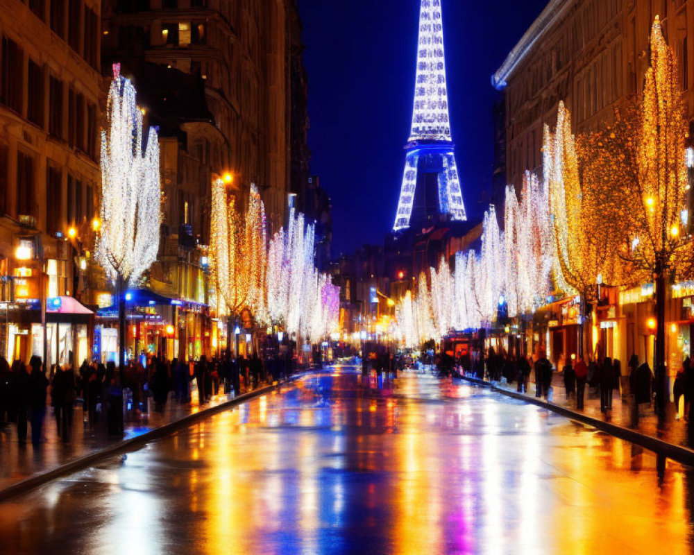 Illuminated Trees and Eiffel Tower Night Scene