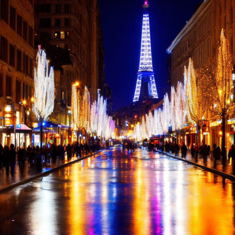 Illuminated Trees and Eiffel Tower Night Scene