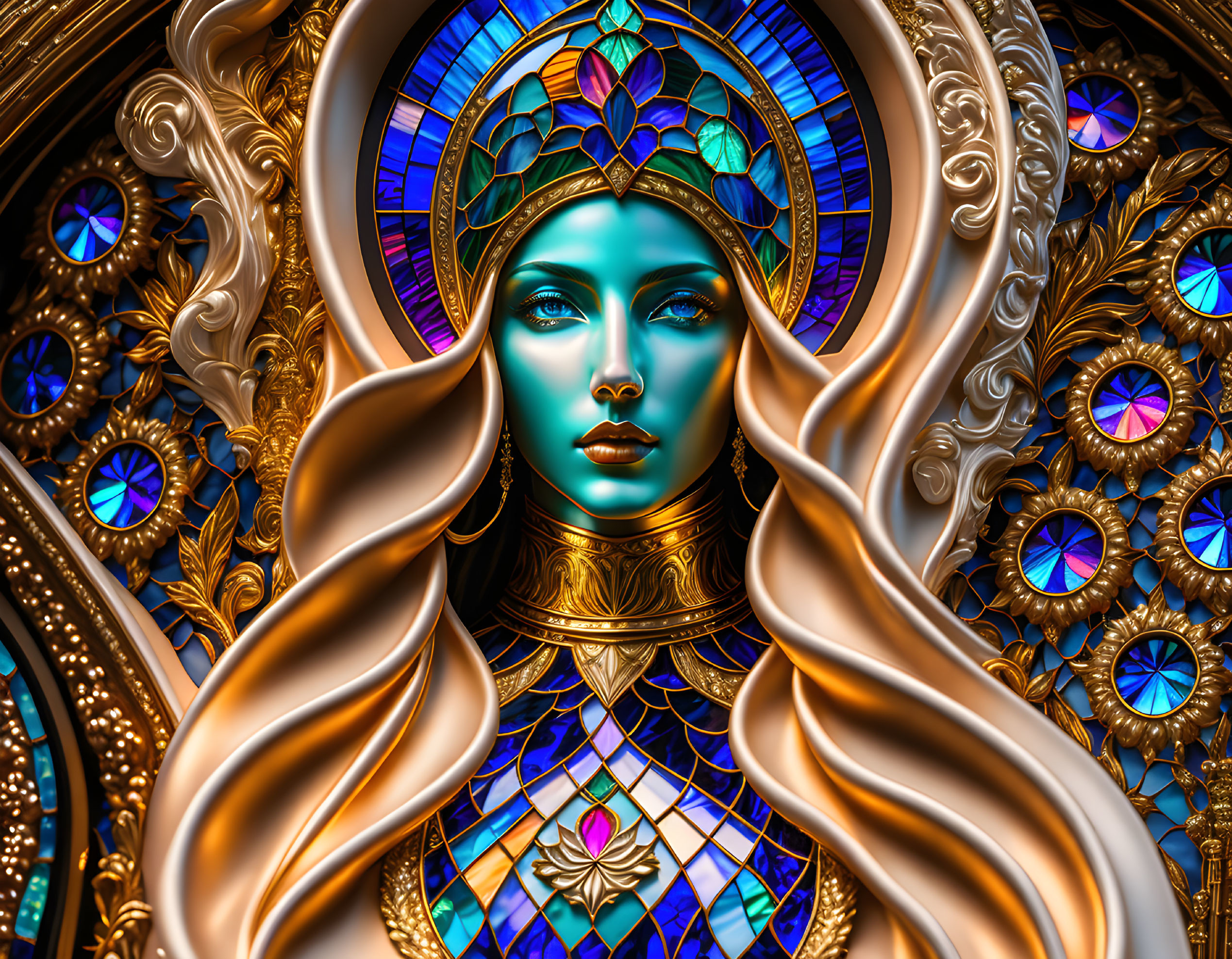 Stylized digital art: Blue-skinned female with ornate headdress surrounded by patterns