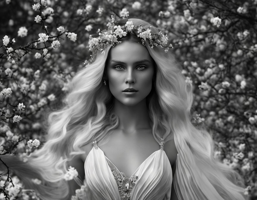 Monochromatic image of woman with long hair and floral headpiece among blooming flowers