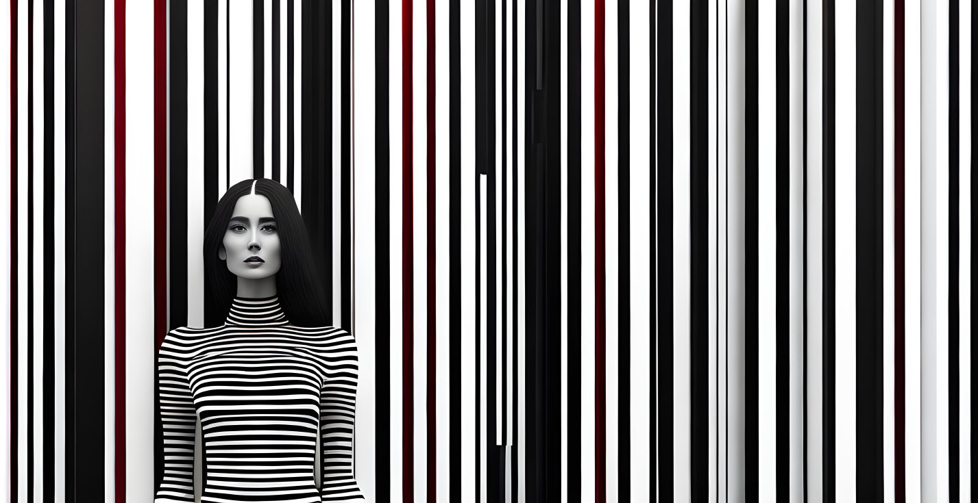 Woman in Striped Shirt Camouflaged in Vertical Stripes