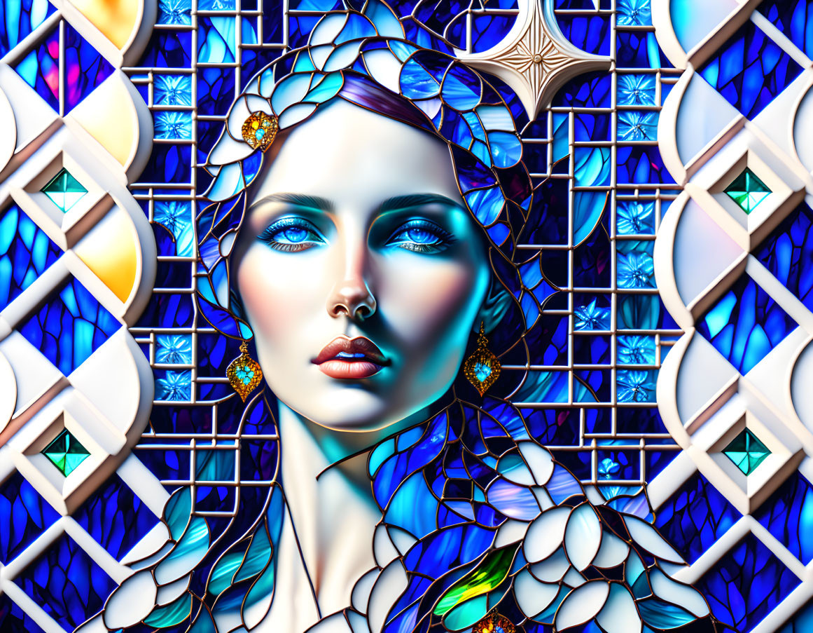 Colorful Stained Glass Patterns Blend with Woman's Face in Digital Art