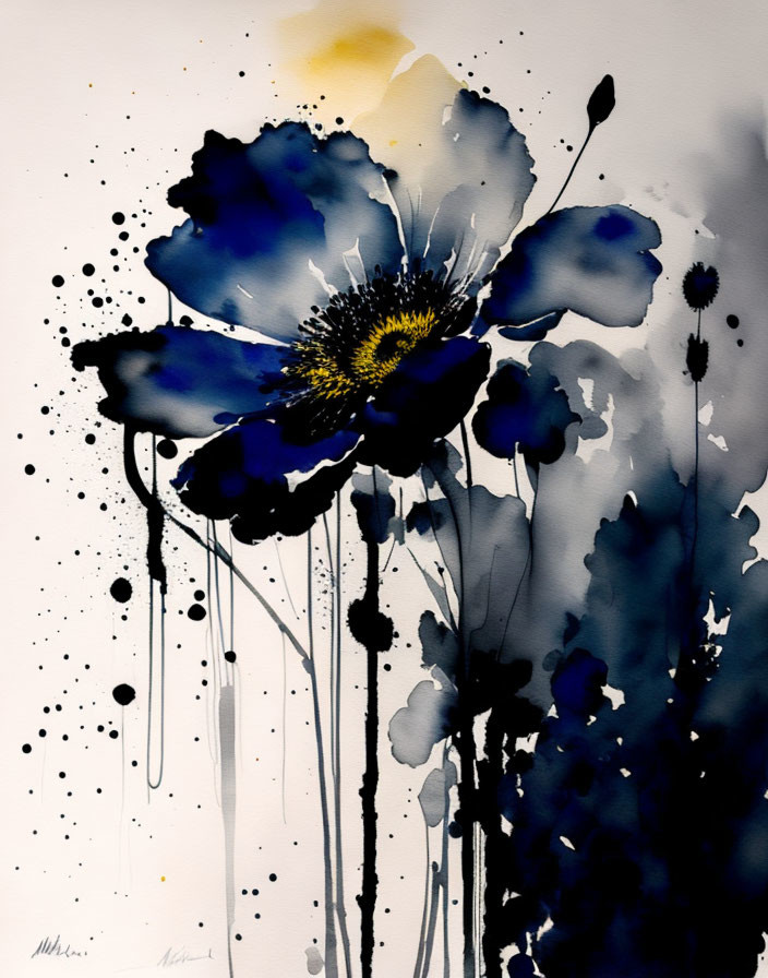 Abstract Watercolor Painting of Blue and Black Flowers on White Background