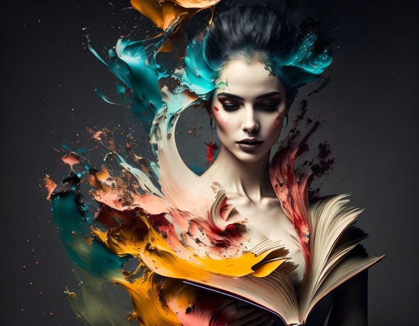 Dark-haired woman holding open book with vibrant paint splashes swirl around her