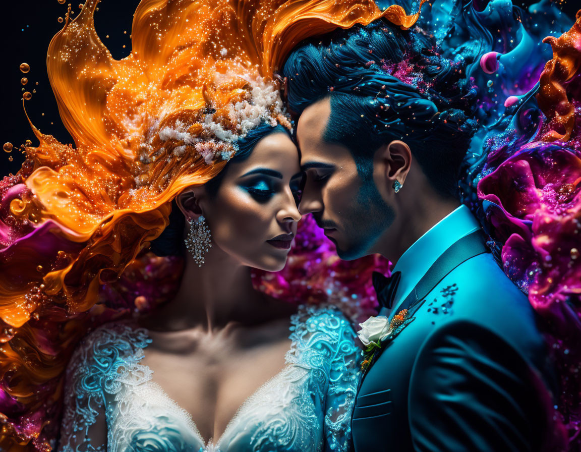 Elaborately dressed couple amidst colorful liquid explosion