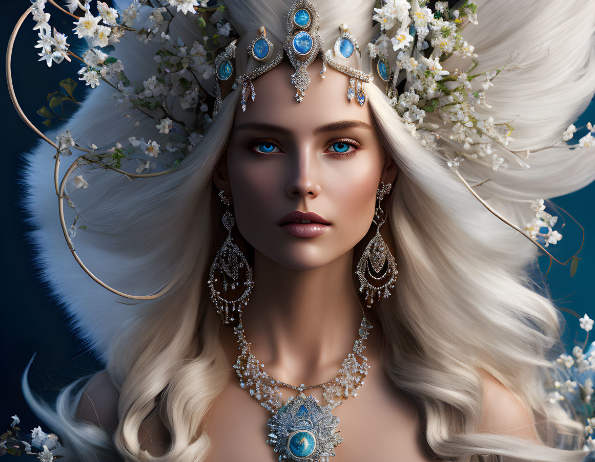 Ethereal woman with blue eyes in white floral headpiece and gemstone jewelry