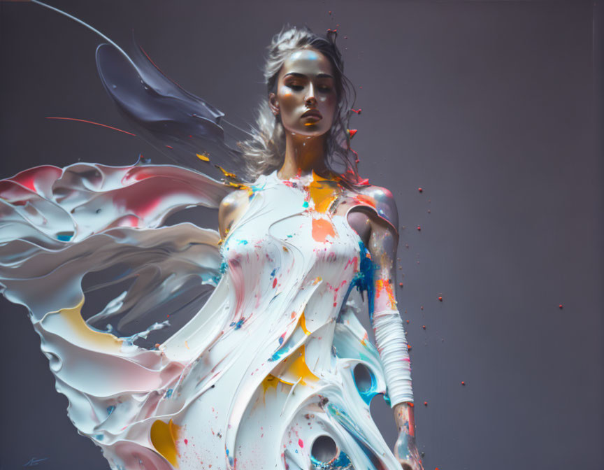 Colorful flowing dress merges with paint splatters on grey background