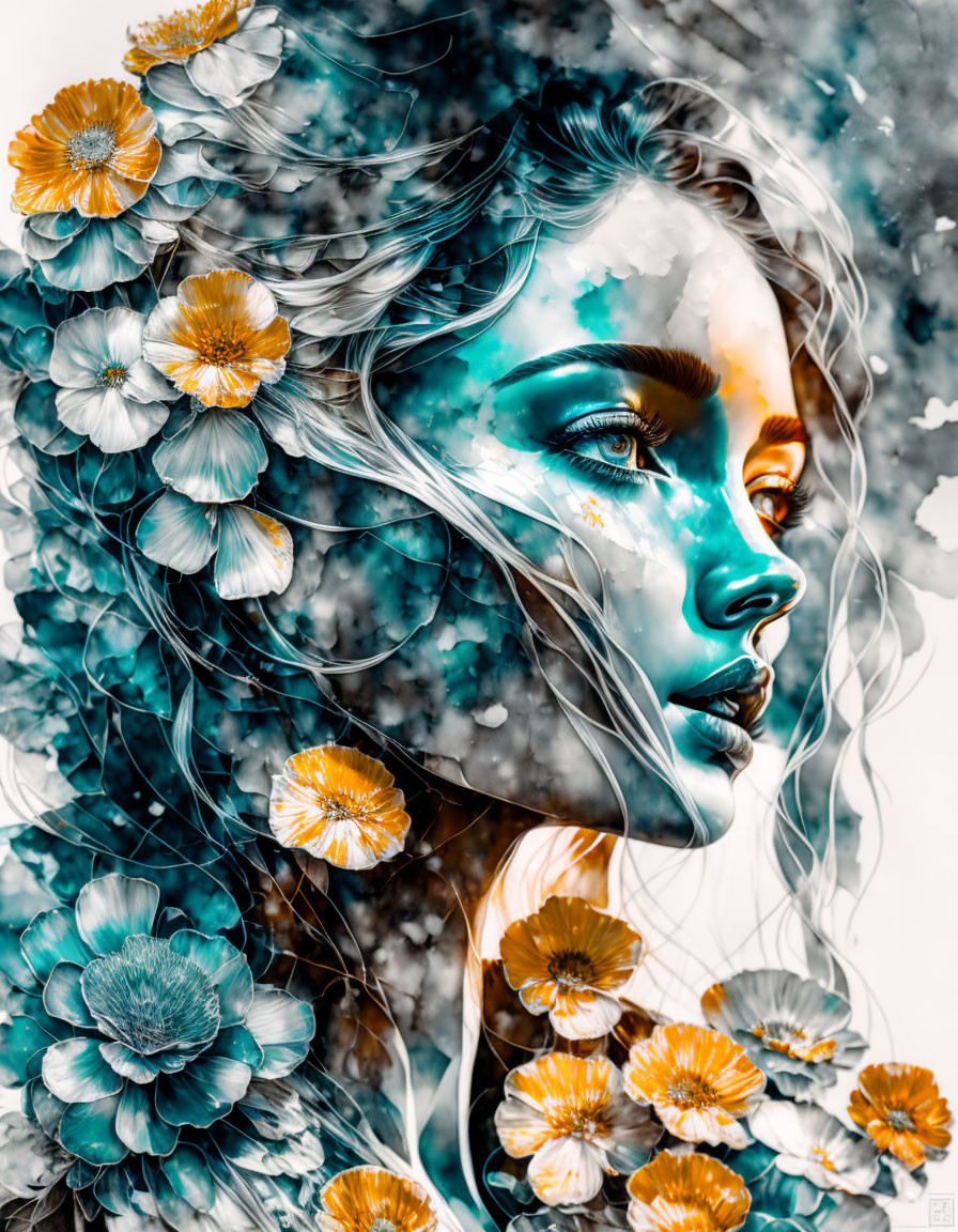 Digital artwork: Woman's side profile with floral elements in monochromatic blue