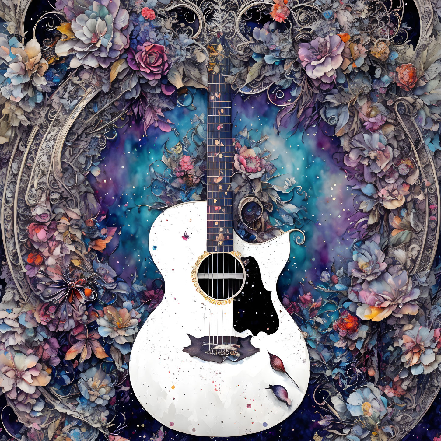 White Acoustic Guitar with Cosmic Background and Floral Mandala Frame