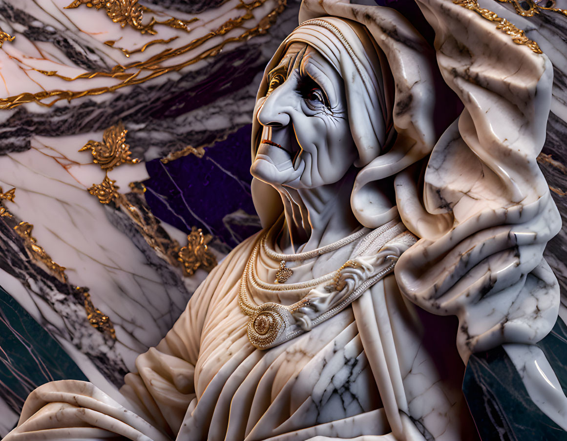 Detailed Elderly Figure Sculpture with Draped Garments and Jewelry on Marble Background