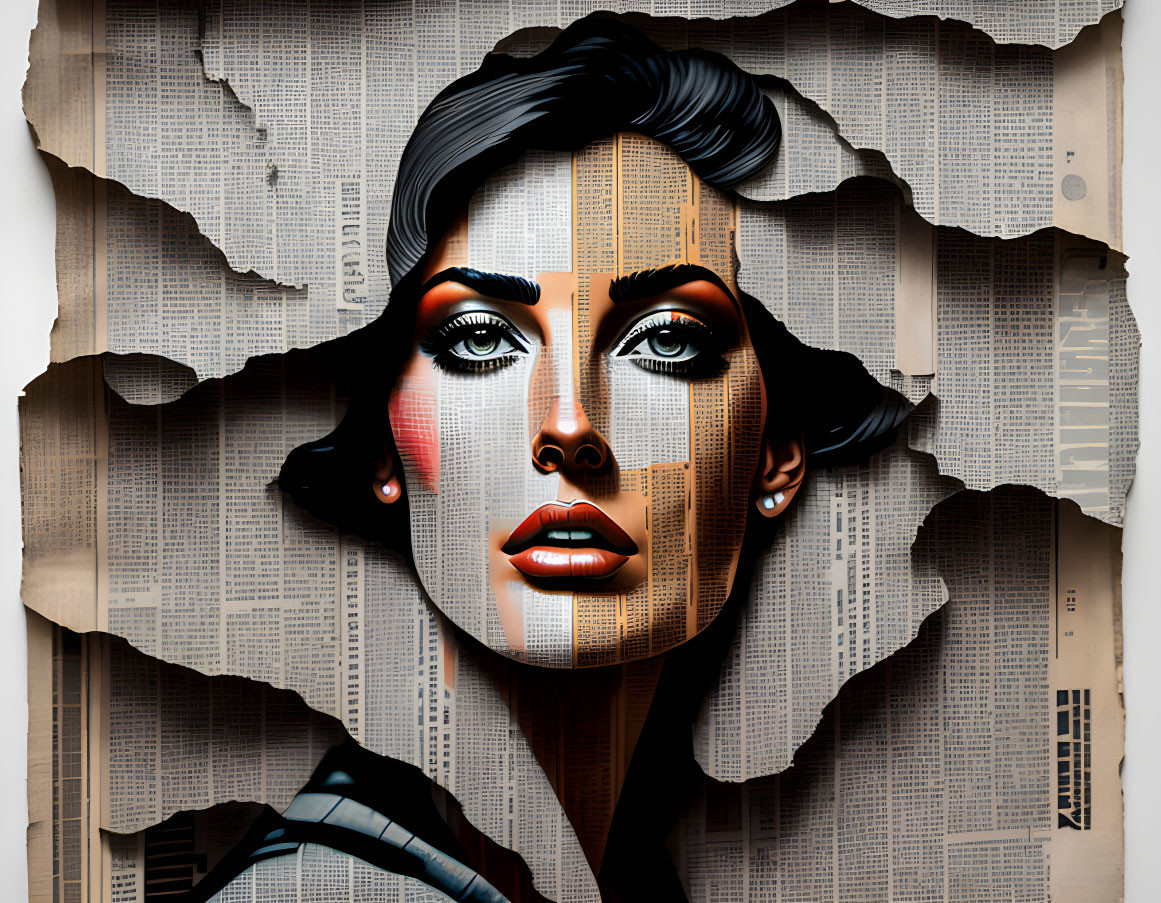 Stylized woman's face on newspaper collage with vintage-modern design.