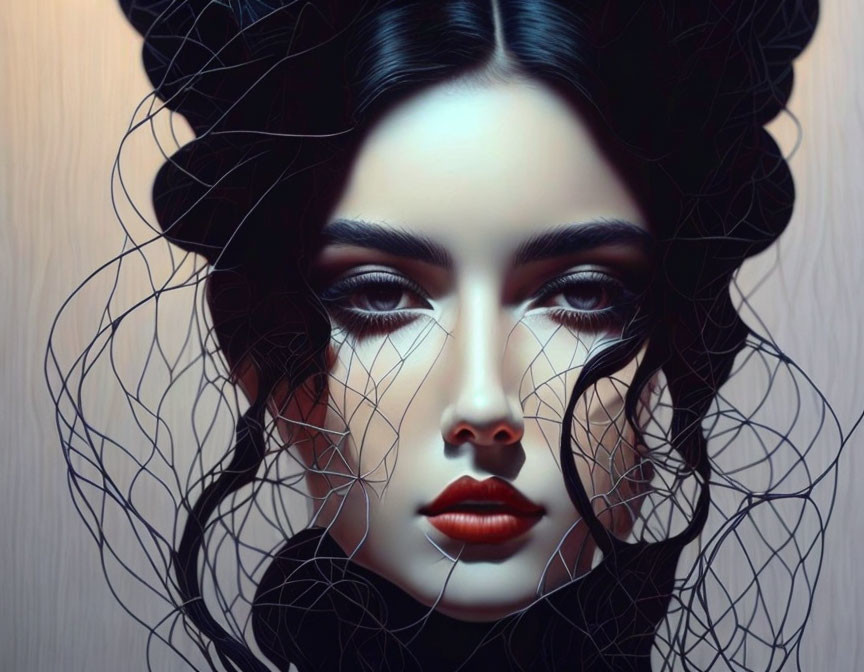 Digital artwork: Pale-skinned woman with dark hair and red lips in intricate hair web