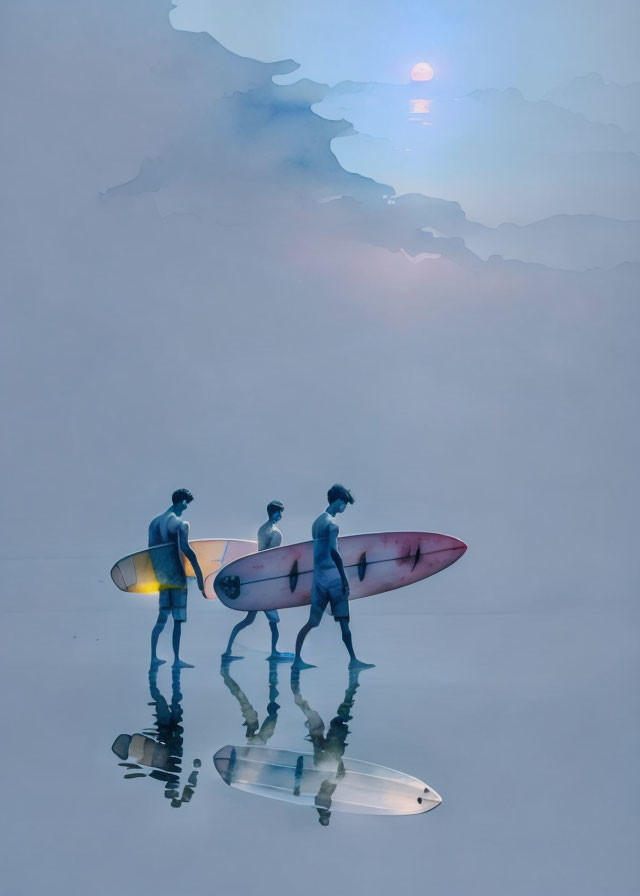 Surfers with boards walking in shallow water under misty sky